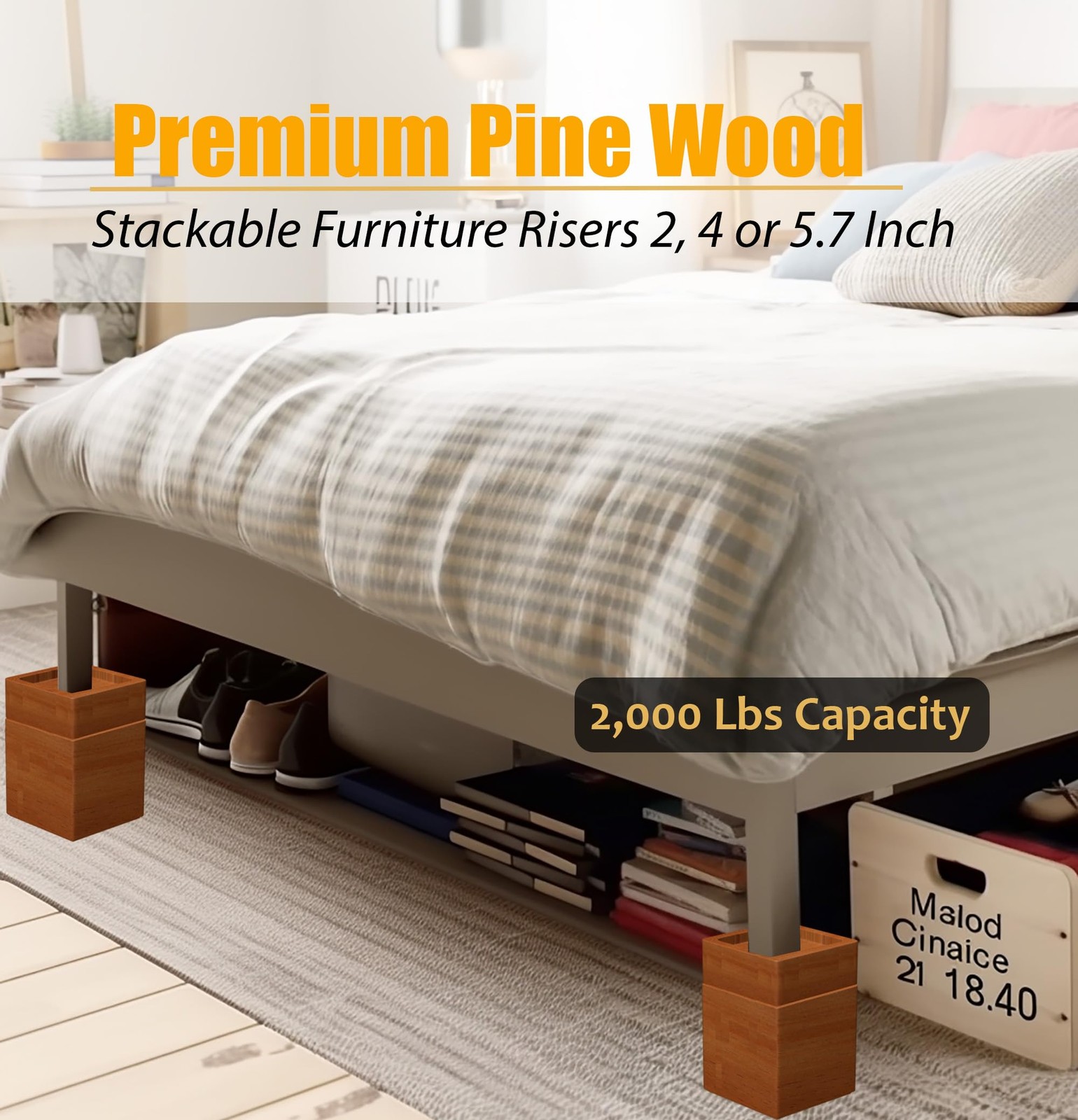 MONTIHOLD Premium Solid Pine Wood Bed Stackable Heights: 2″, 4″, 5.7″, Brown