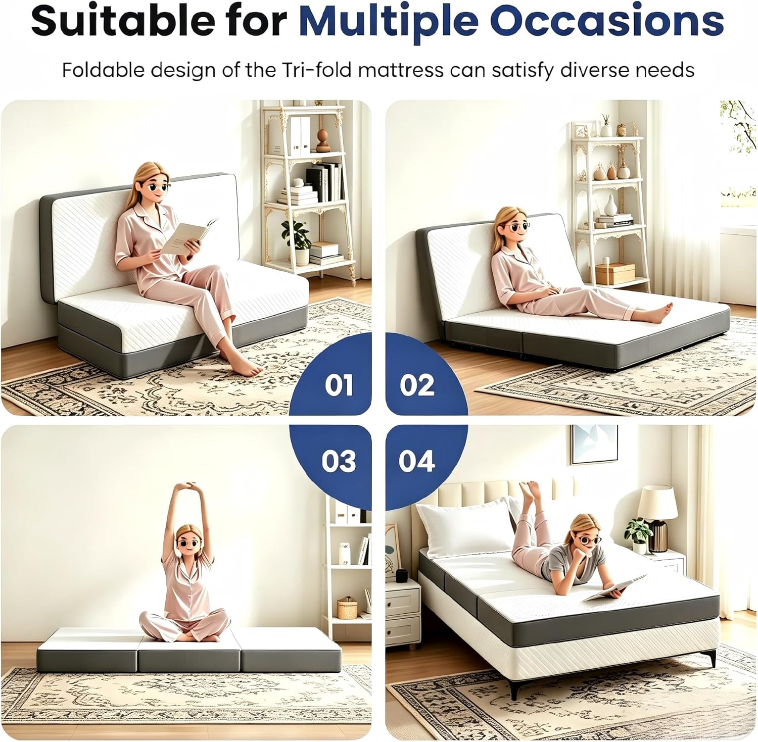 Folding Foam Mattress 4 Inches Foldable Floor Mattresses with Collapsible and Wa