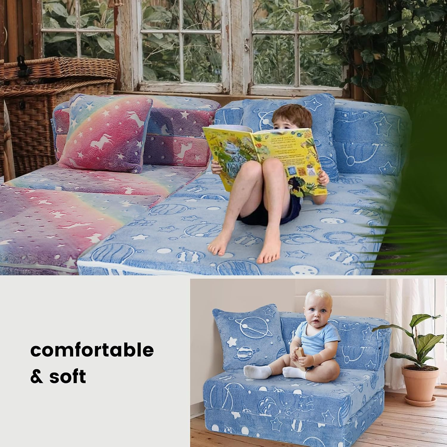Glow Space-Themed Tri-Fold Sofa Bed for Kids, Foldable Futon Chair and Floor Cou