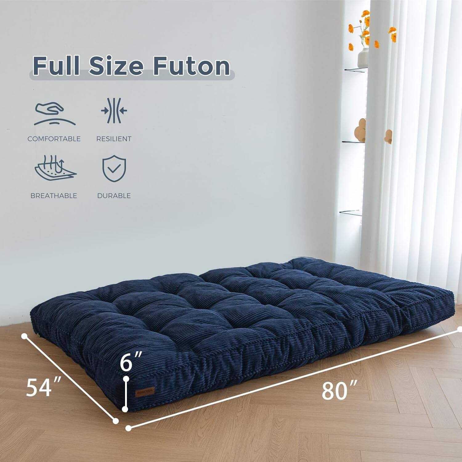 6-Inch Full-Size Futon Mattress Navy Tufted Shredded Foam