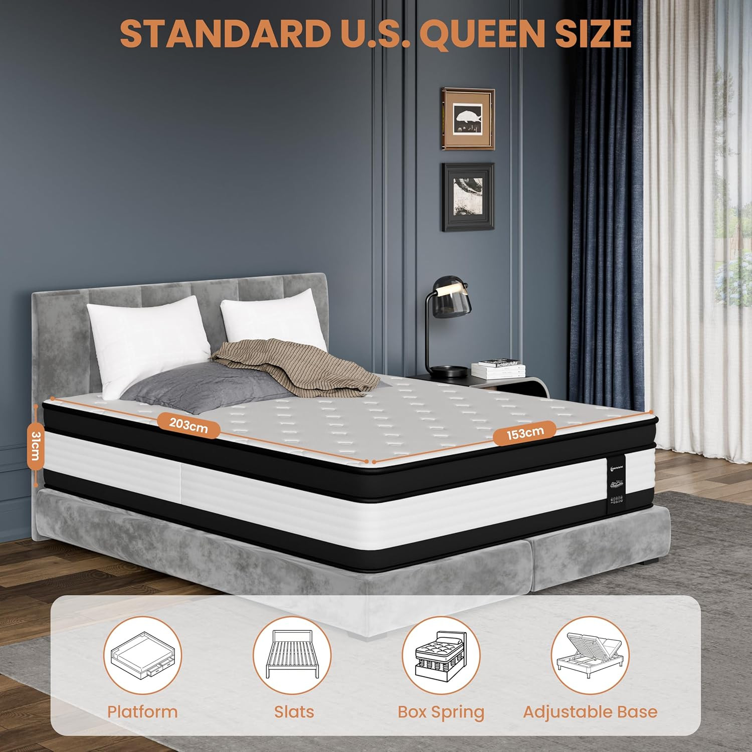 12″ Queen Hybrid Mattress – Memory Foam & Pocket Springs, Medium Firm, CertiPUR-