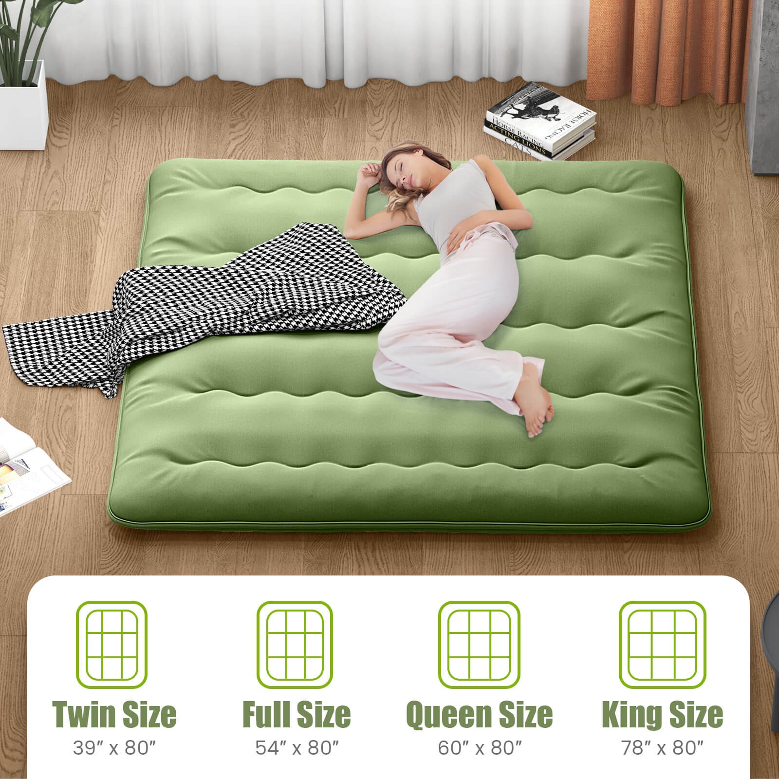 King Futon Mattress Japanese Floor Pad Washable Cover Carry Bag Green