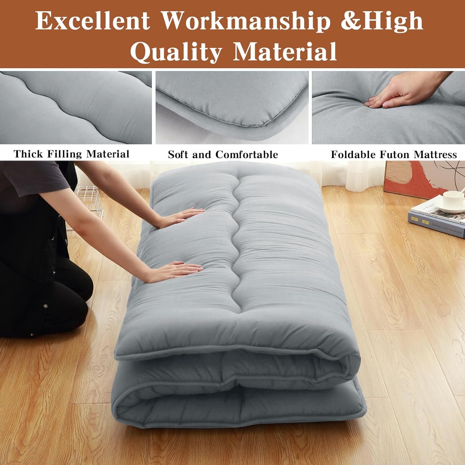 Foldable Japanese Floor Mattress Twin/Full/Queen Roll Up Mattress Sleeping Pad