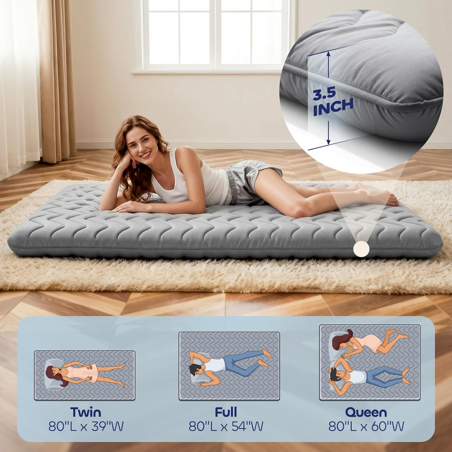 Extra Firm 3.5″ Japanese Floor Mattress – Portable Futon for Guests & Camping