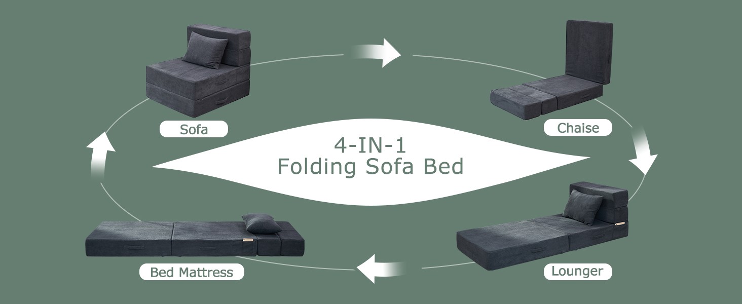 Folding Sofa Bed, 4 in 1 Convertible Sleeper Chair with Pillow, Single