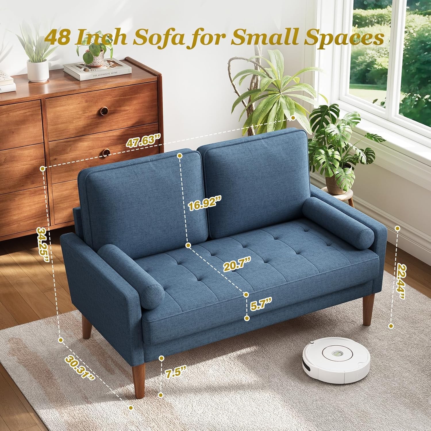 Loveseat Sofa with Solid Wood Legs, 48″ Small Couches for Small
