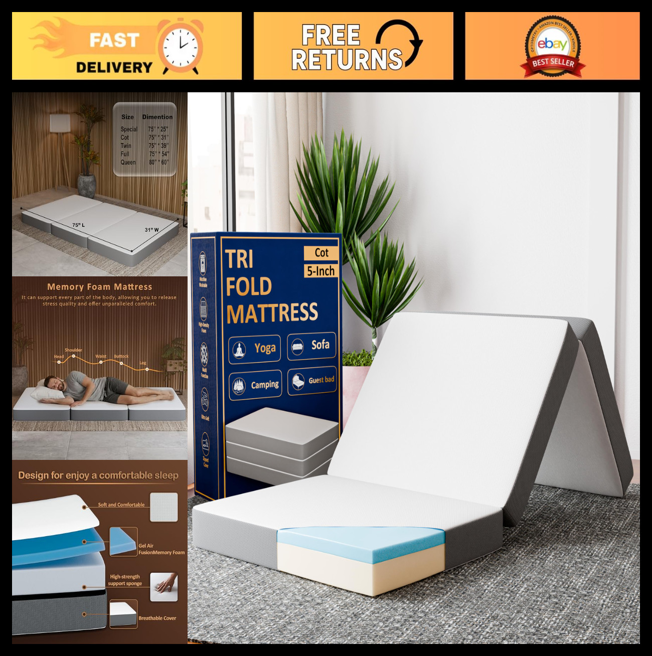5-Inch Tri-Folding Gel Memory Foam Floor Mattress | Portable, Soft Cot Pad, Wash
