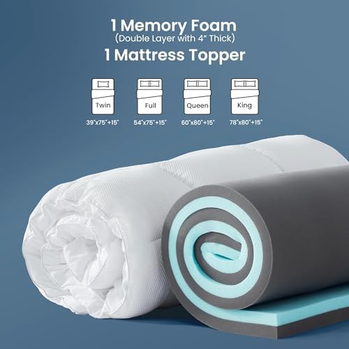 4 Inch Mattress Topper, Dual Layer 2” Gel Memory Foam + 2” Full White
