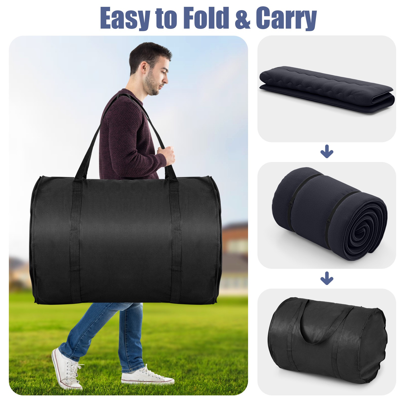 King Futon Mattress Japanese Floor Sleeping Pad Washable Cover Carry Bag Black