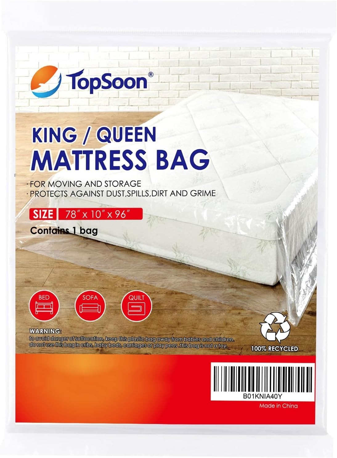 Clear Mattress Bag for King/Queen Size Storage and Disposal 1.5mil Thick