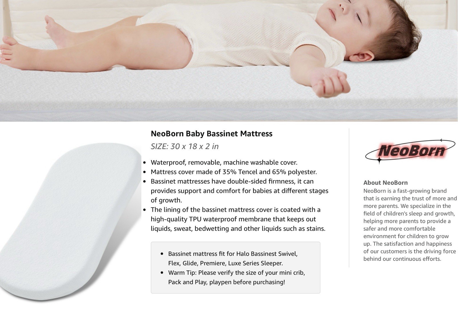 Neoborn Baby Bassinet Mattress Topper-30″ x 18″ x 2″ Dual Sided Gel Memory NIB!