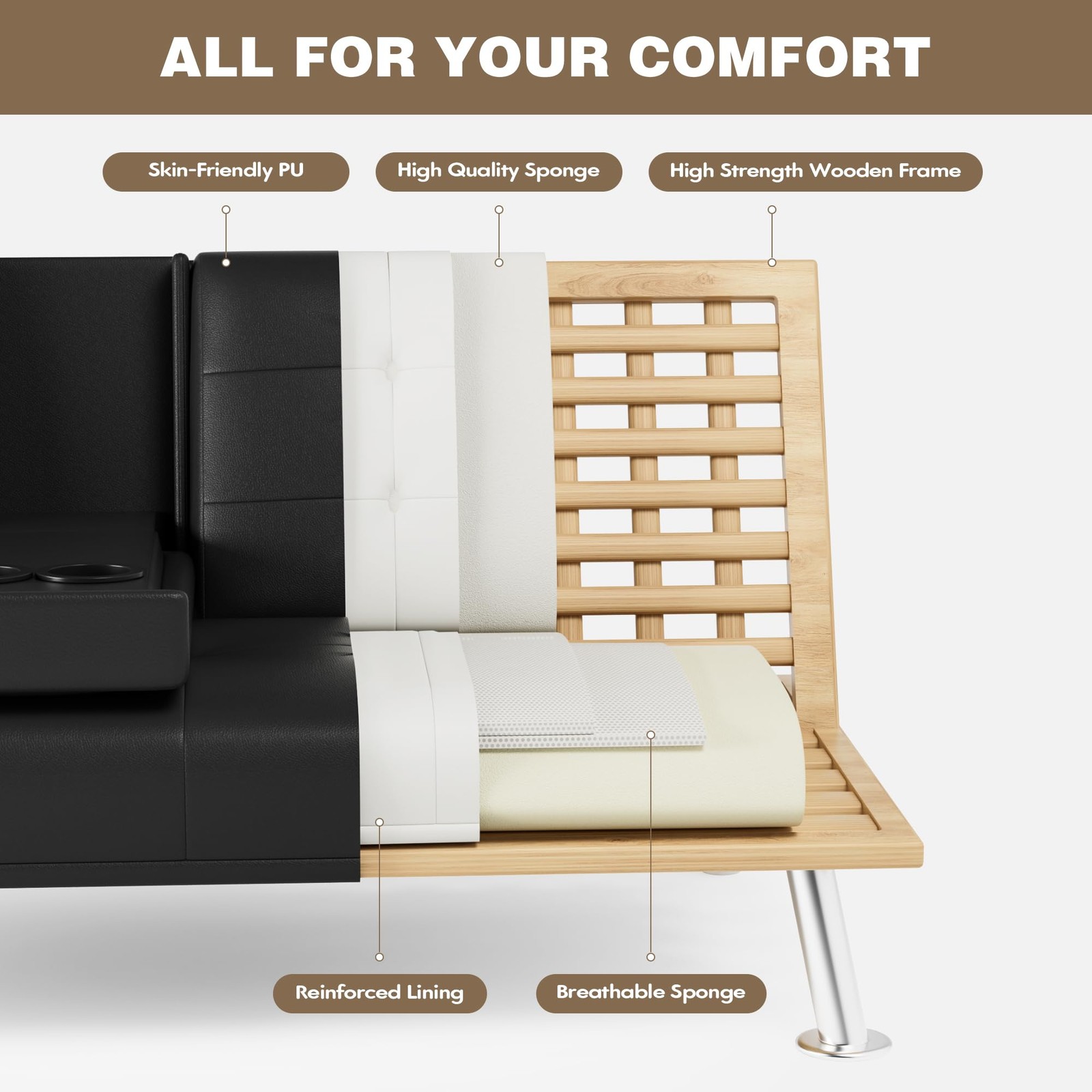 Homall Futon Sofa Bed, Leather 65 inches x 30.7 x 28 inches, Black