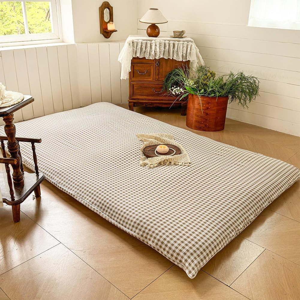 Floor Mattress Cover Gingham Checkered Futon Cover Guest Bed Japan Taupe Full