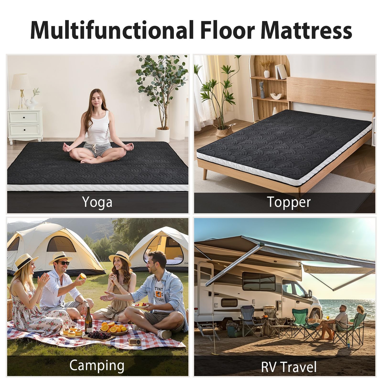 Japanese Floor Mattress, Quilted Futon Mattress with Anti-Slip Bottom, Foldab…