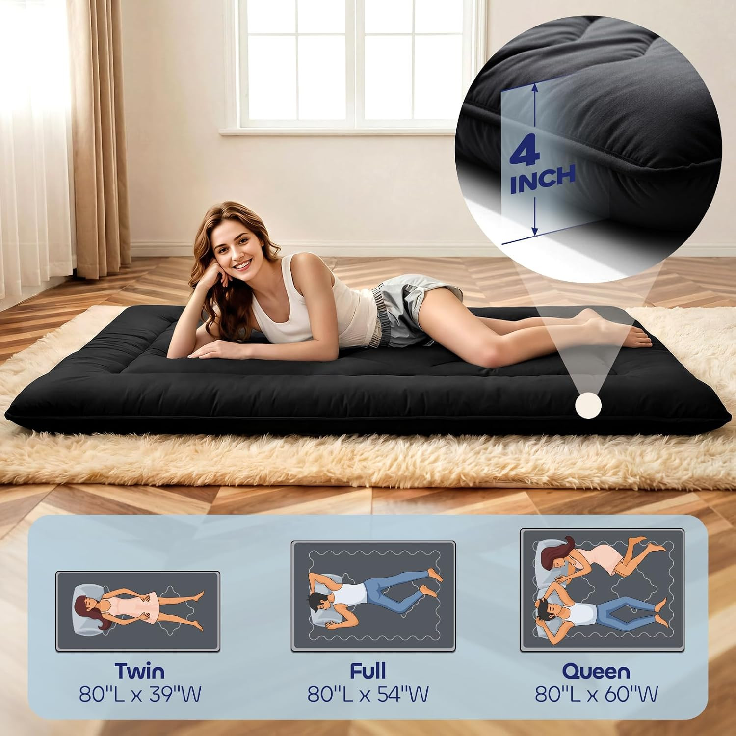 4″ Thick Japanese Floor Mattress – Space Saving Foldable Floor Mattress for Gues