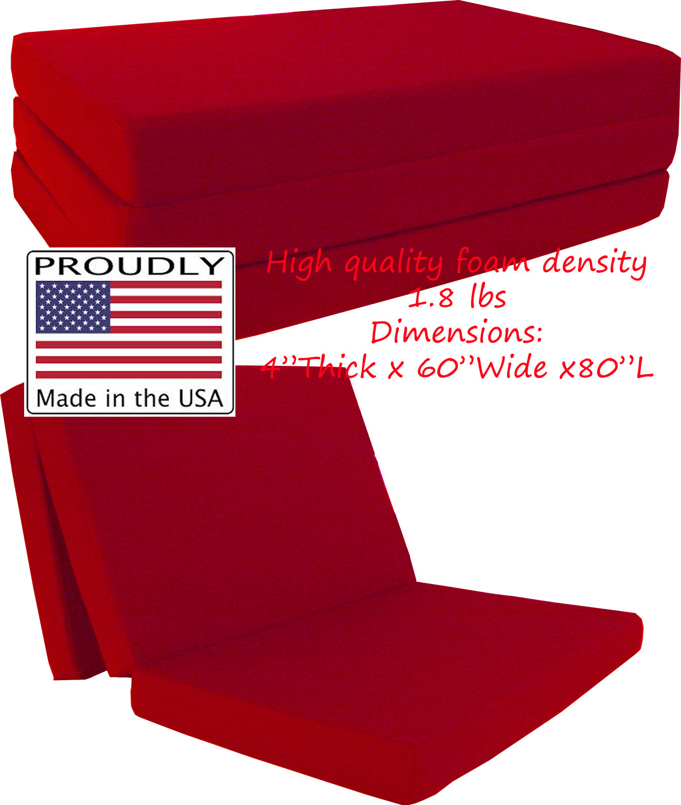 Queen Red 4 x 60 x 80 Shikibuton Trifold Foam Bed, High Foam Density 1.8 lb