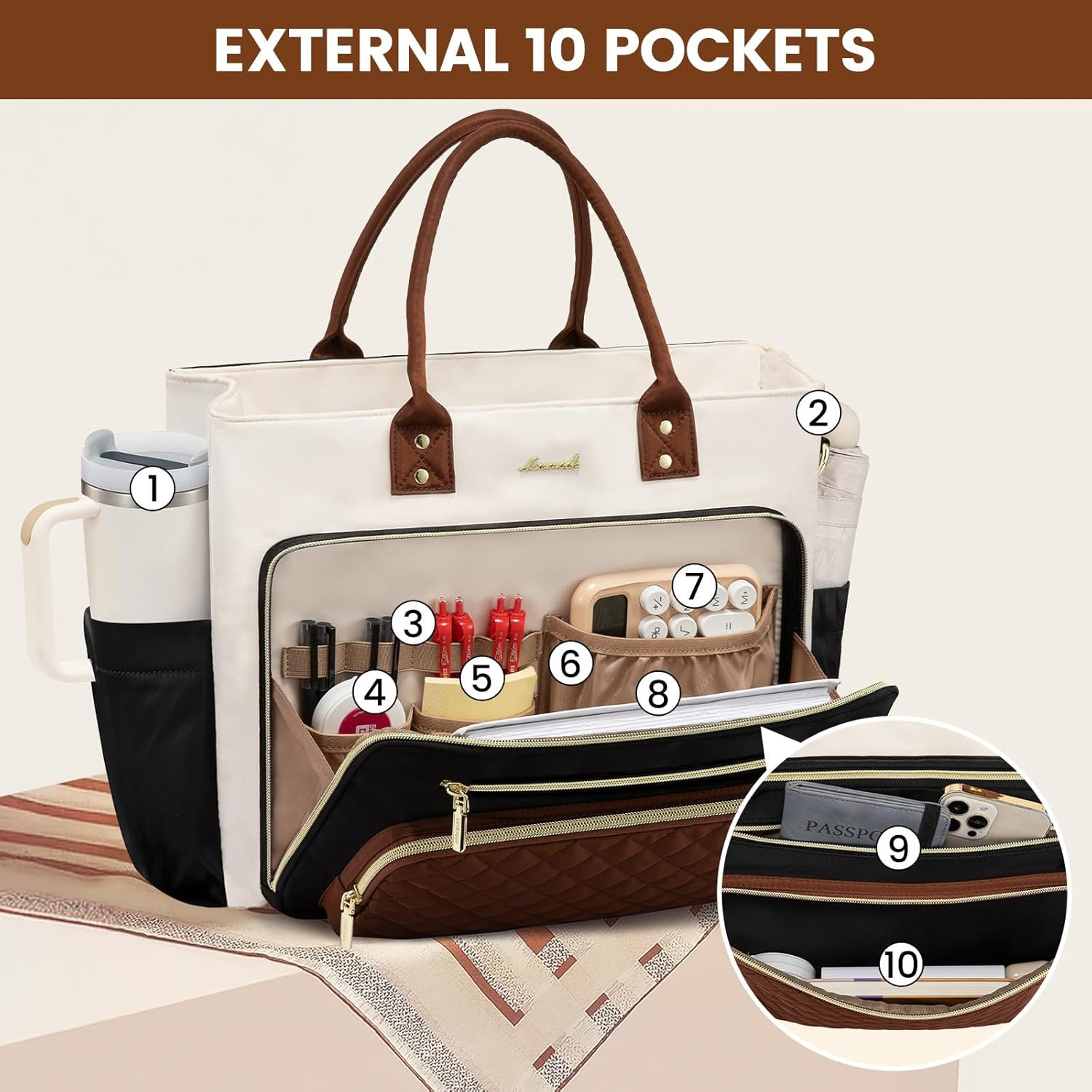 Chic Teacher Tote Bag – 17″ Laptop Briefcase in Black, Beige & Brown