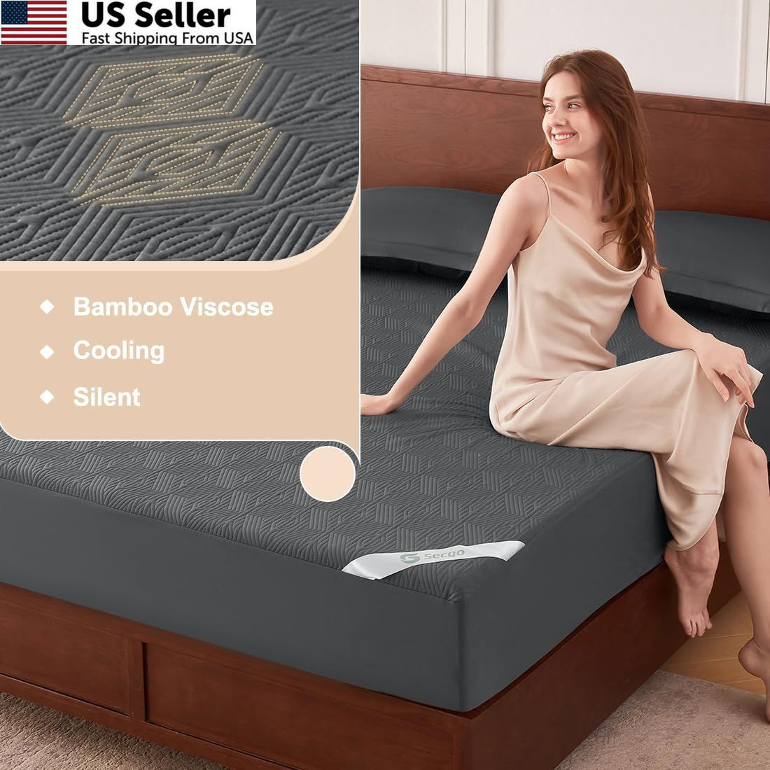 Black Premium Jacquard 100% Waterproof Queen Mattress Protector, Queen,