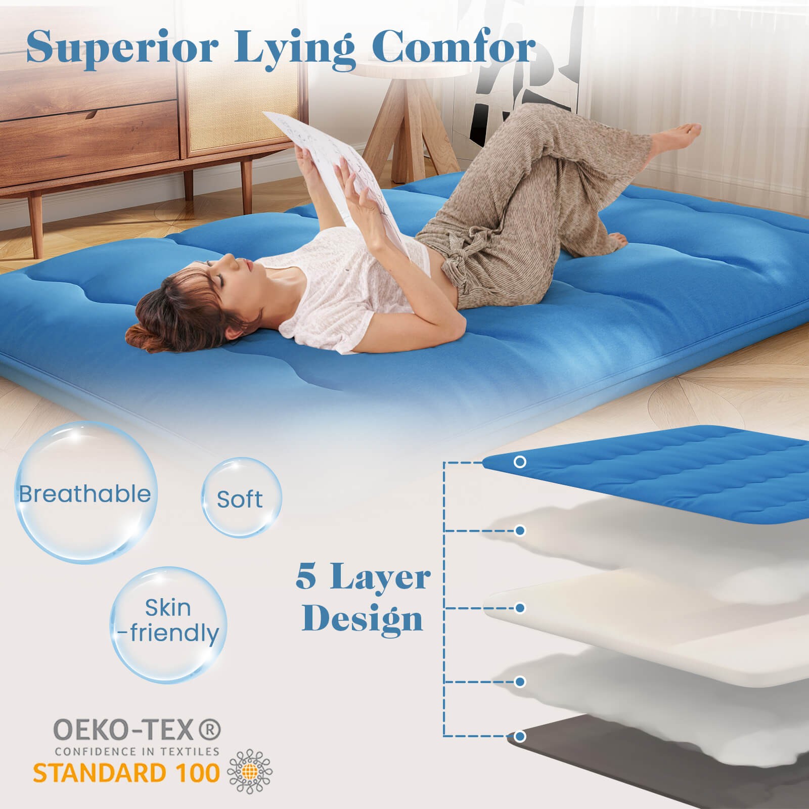 Queen Futon Mattress Japanese Floor Sleeping Pad Washable Cover Carry Bag Blue