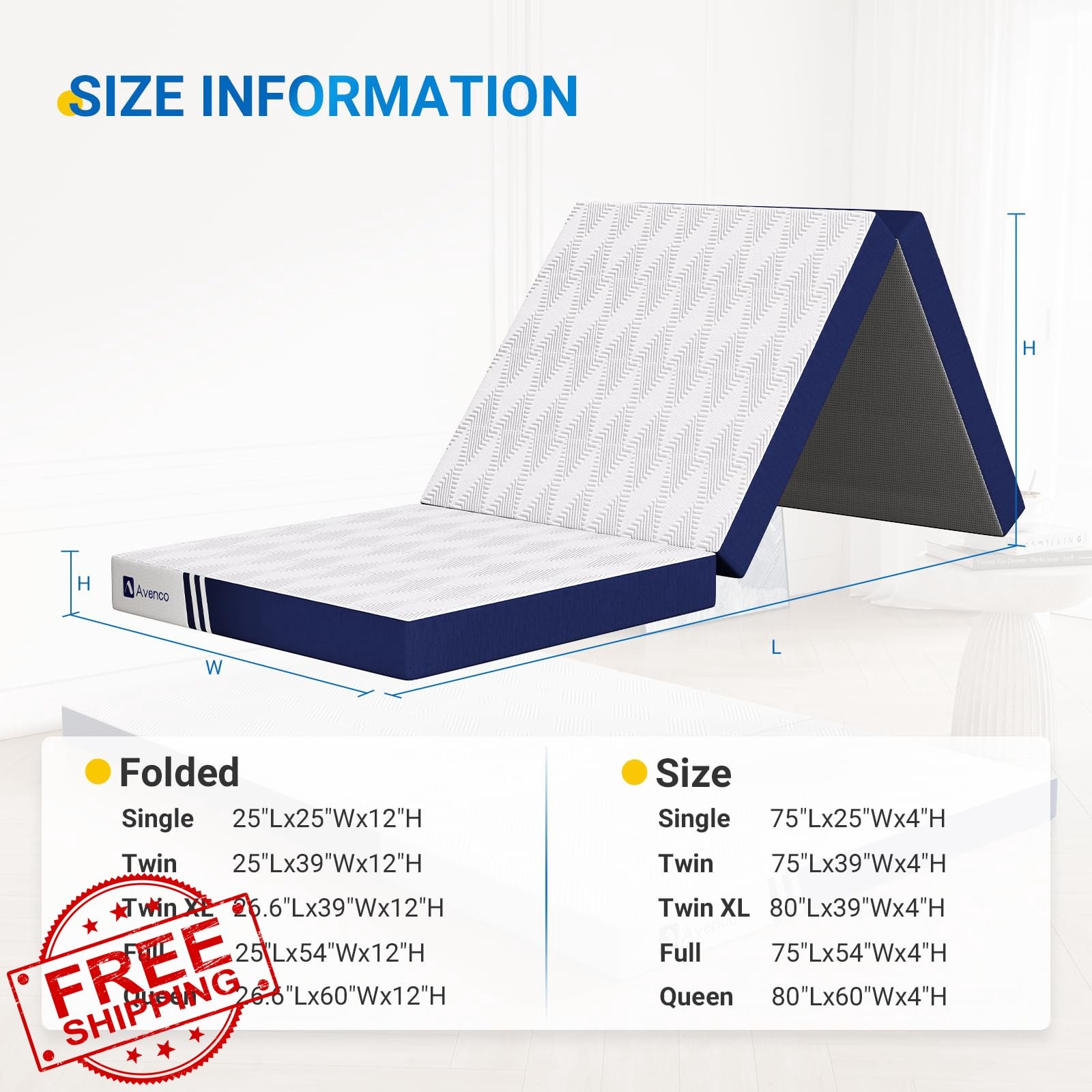 Avenco Queen Folding Mattress 4 Inch Memory Foam Trifold Floor Bed Camping Guest