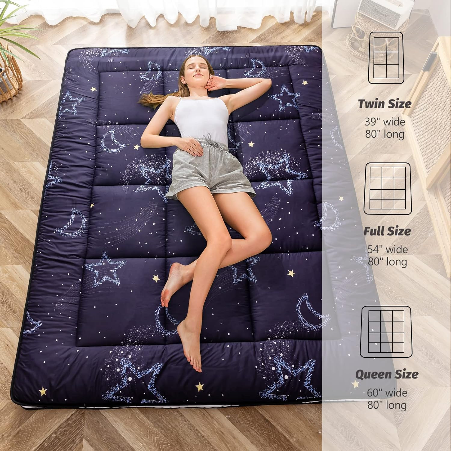 Black Moon and Star Futon Mattress, Japanese Floor Mattress Quilted Bed Mattress