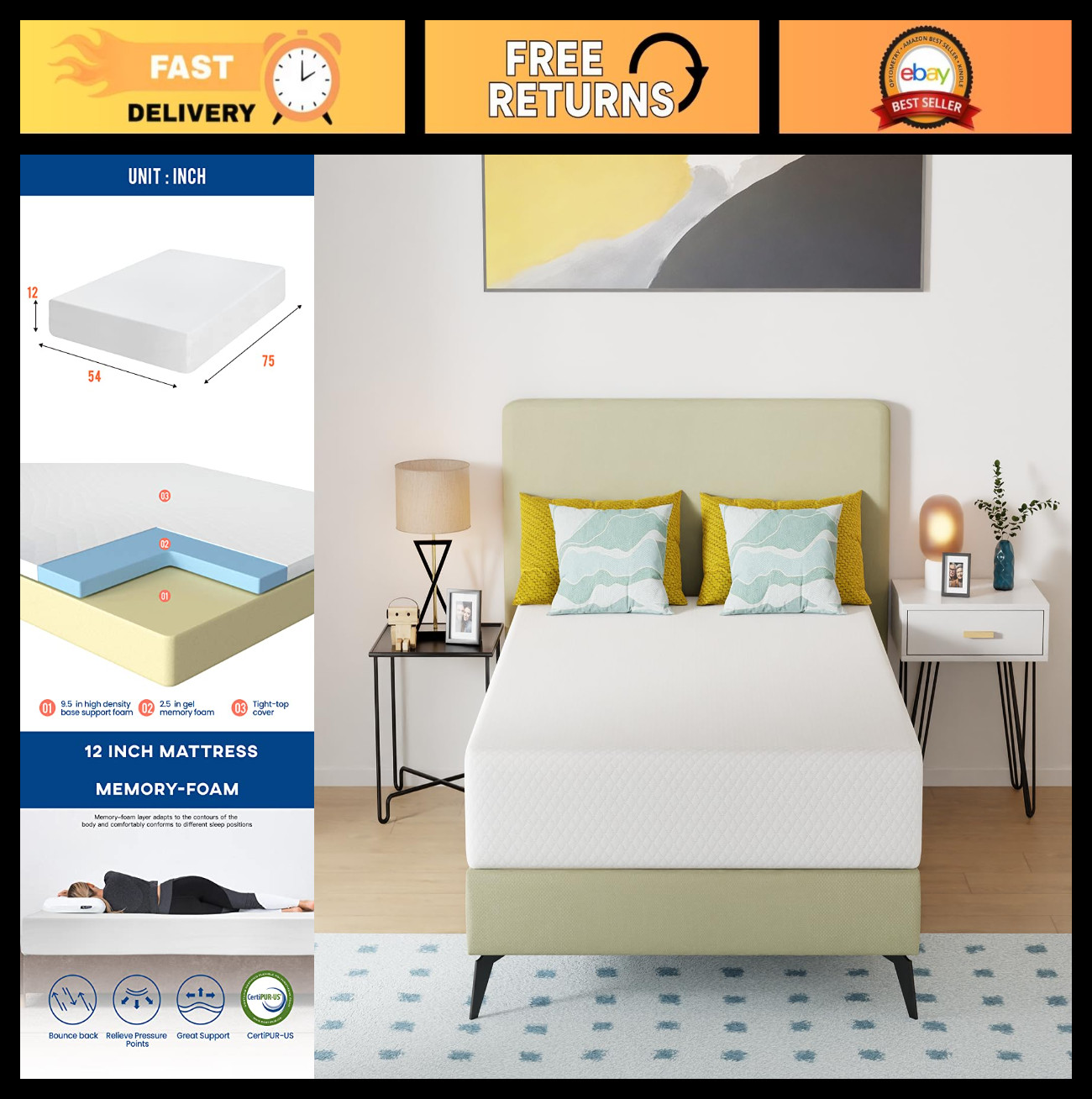 12″ Medium Firm Gel Memory Foam Mattress – Pressure Relief, Cooling, Washable Co