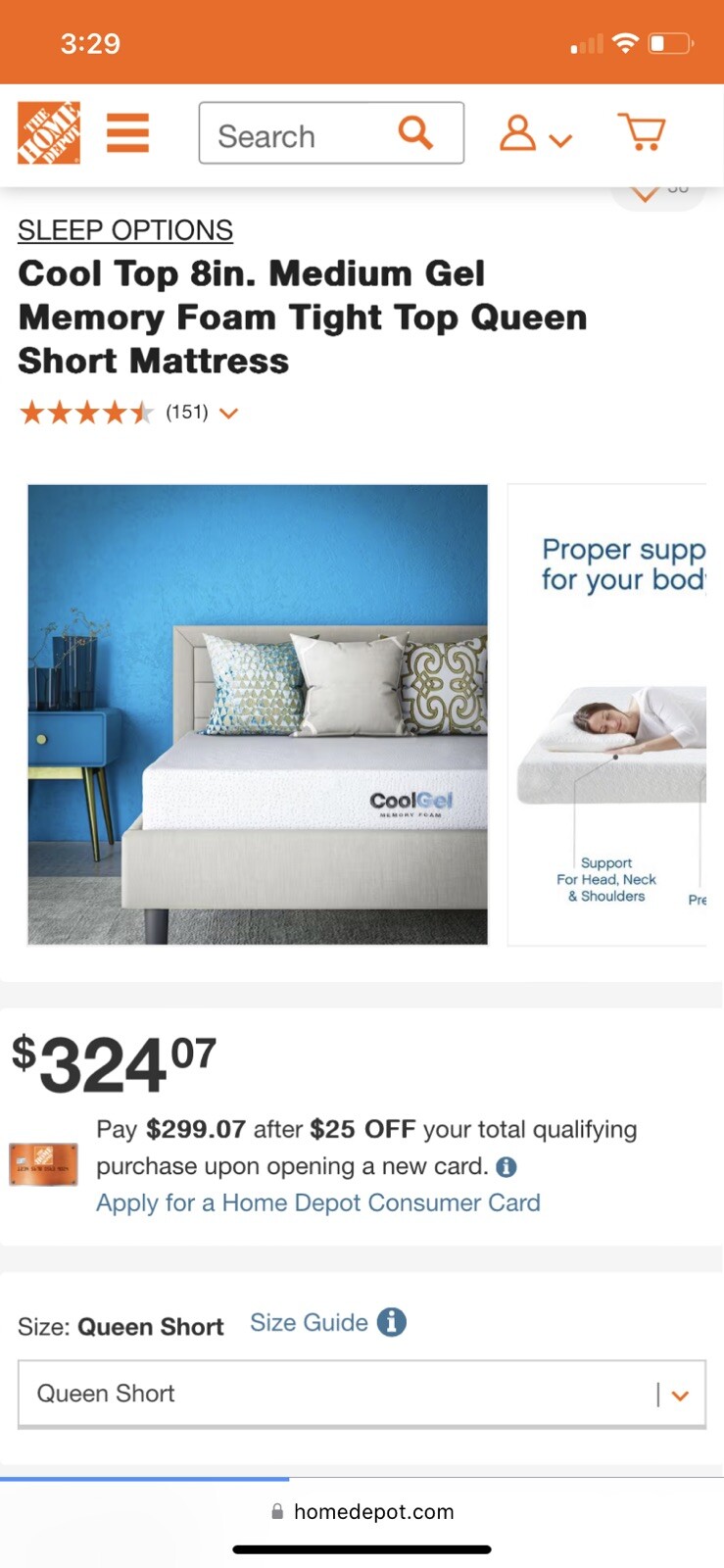 Classic Brands Cool Gel 8″ Ventilated Gel Memory Foam Mattress, Short Queen NEW