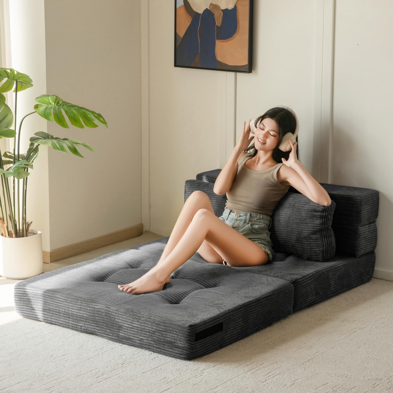 MAXYOYO Convertible Sofa Bed, Fold Out Loveseat Sleeper Twin, Dark Grey