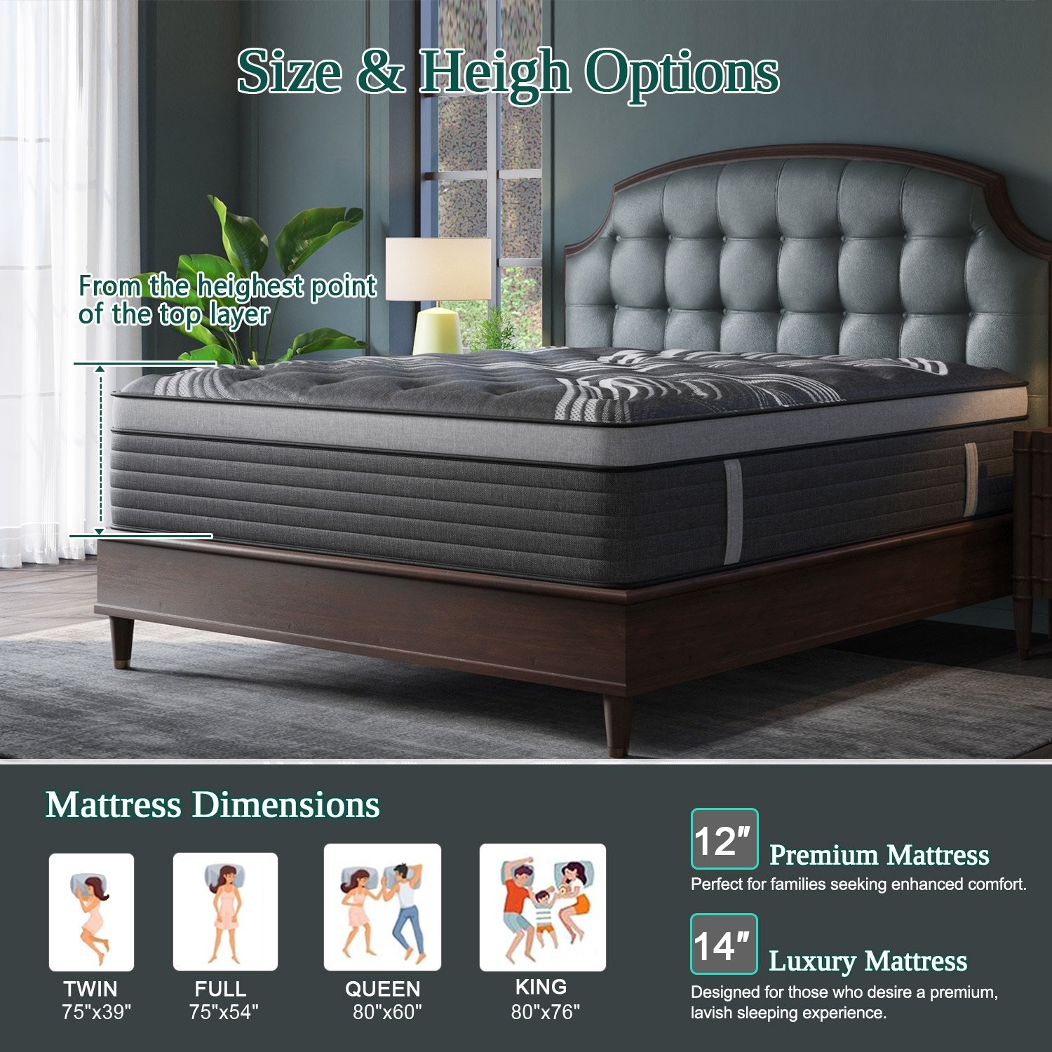 12″ 14″Twin Full Queen King Size Gel Memory Foam Spring Mattress In A Box