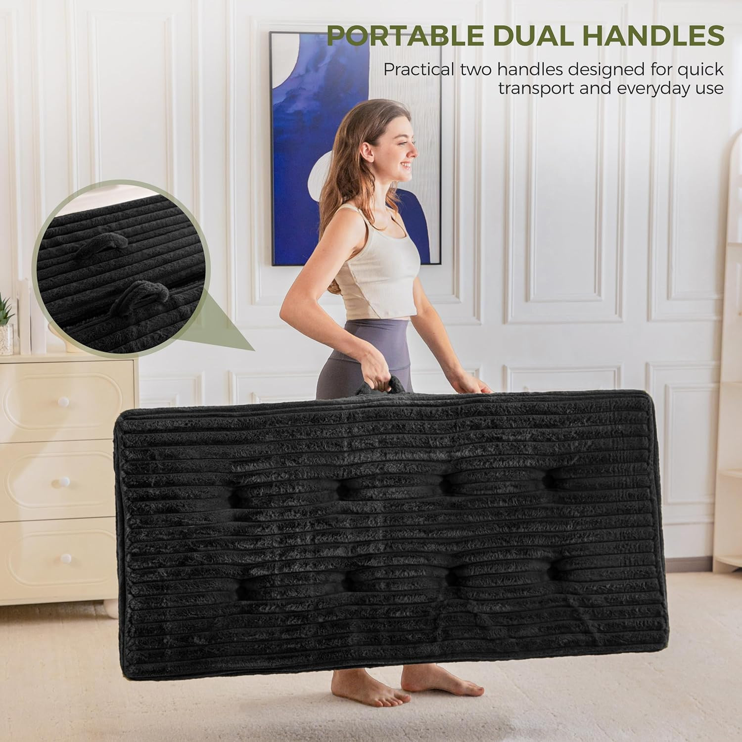 Compact 6-Inch Tri-Fold Folding Mattress with Handles – Twin Black Sofa Bed