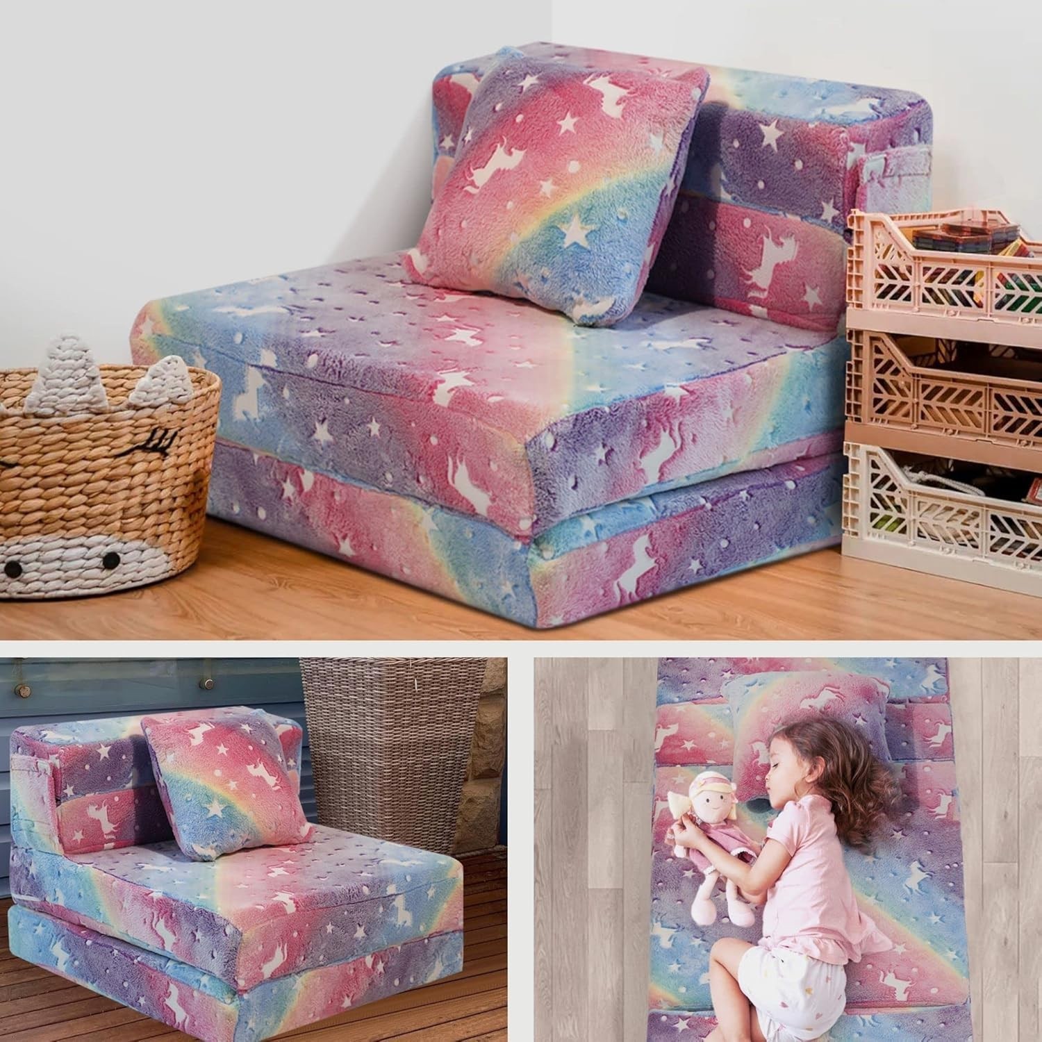 Glow Rainbow Unicorn Tri-fold Sofa Bed for Kids, Foldable Futon Mattress, Cha…