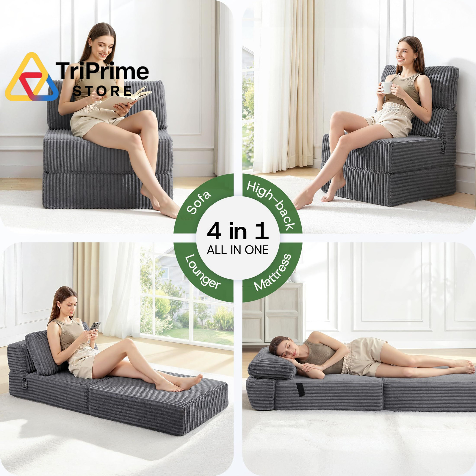 MEGAYES 4-in-1 Folding Sofa Bed Convertible Boneless Sleeper 1-Single, Grey