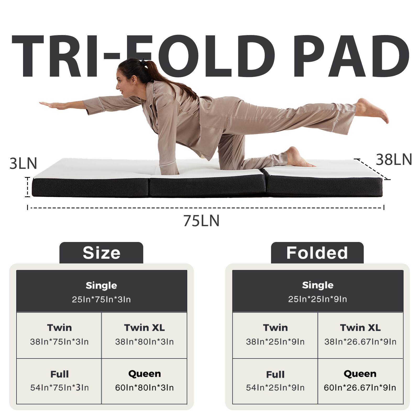 Folding Mattress – 3″ Tri-Fold Memory Foam. With washable cover. 80″×60″×3″