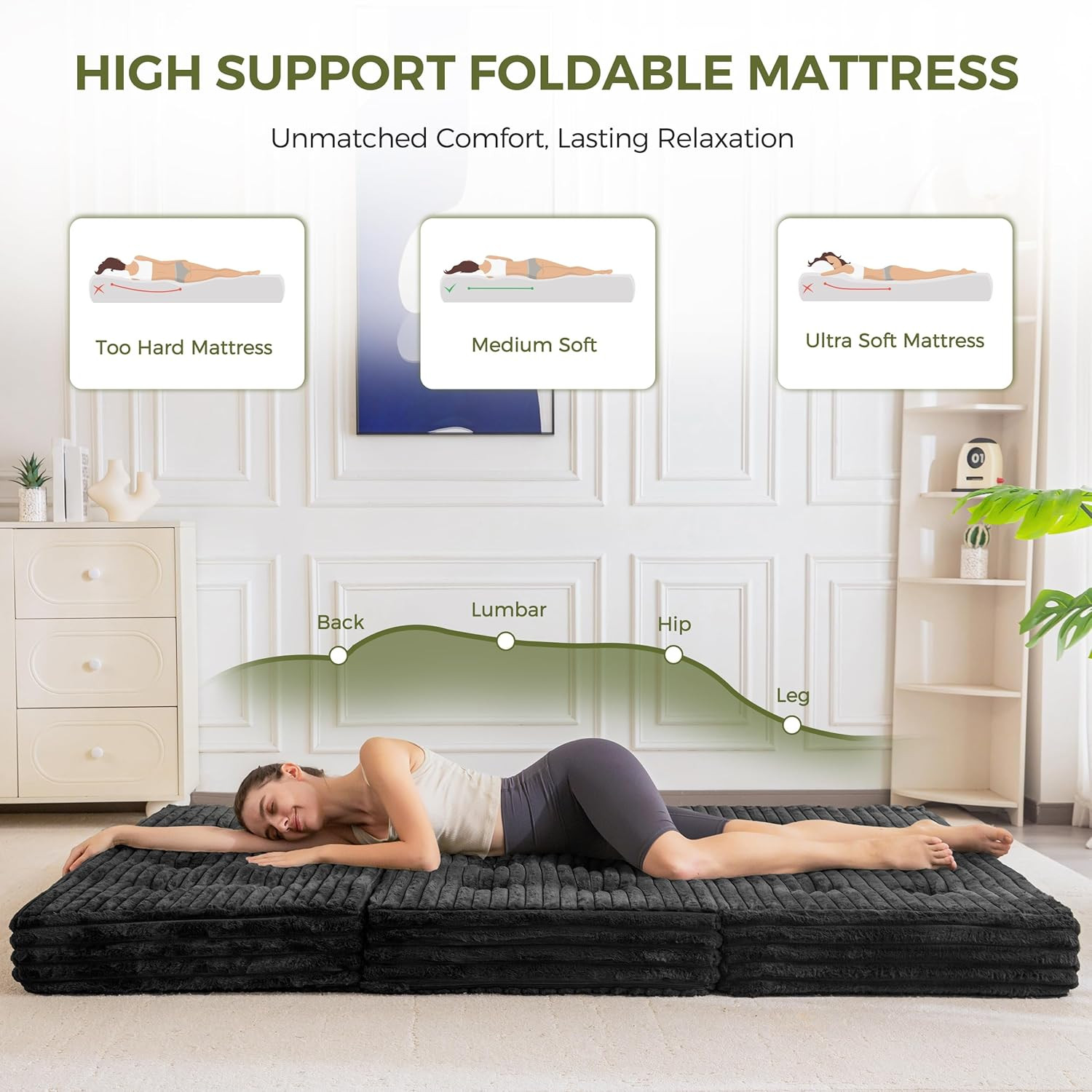 Compact 6-Inch Tri-Fold Folding Mattress with Handles – Twin Black Sofa Bed