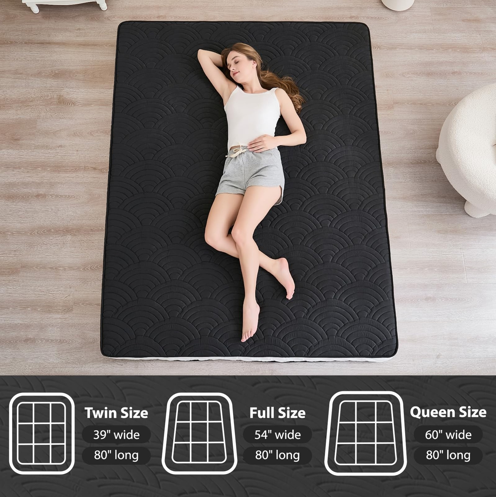 Japanese Floor Mattress, Quilted Futon Mattress with Anti-Slip Bottom, Foldab…