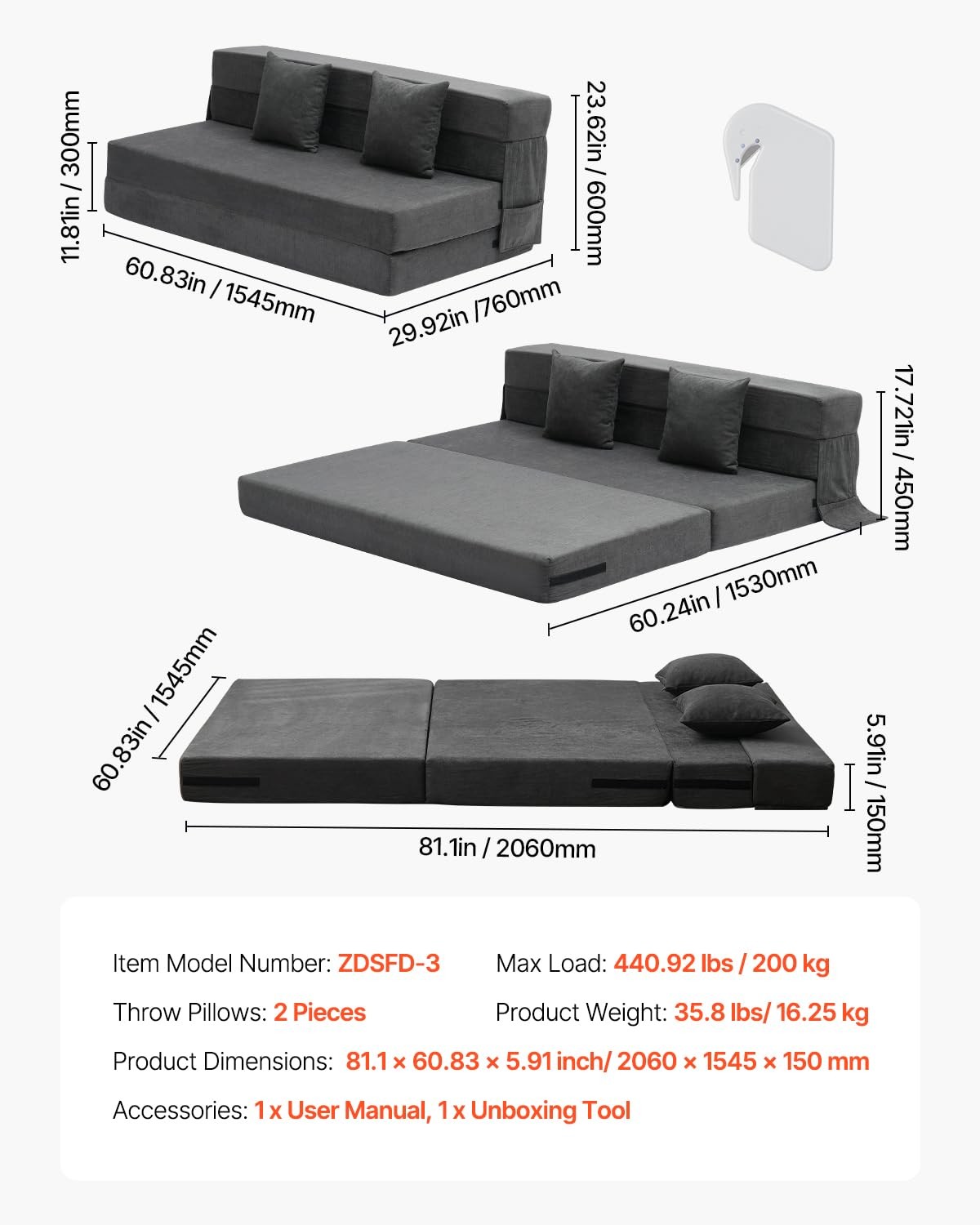 VEVOR Folding Sofa Bed, 3-in-1 Foldable Couch Bed with 2 Queen, Dark Grey