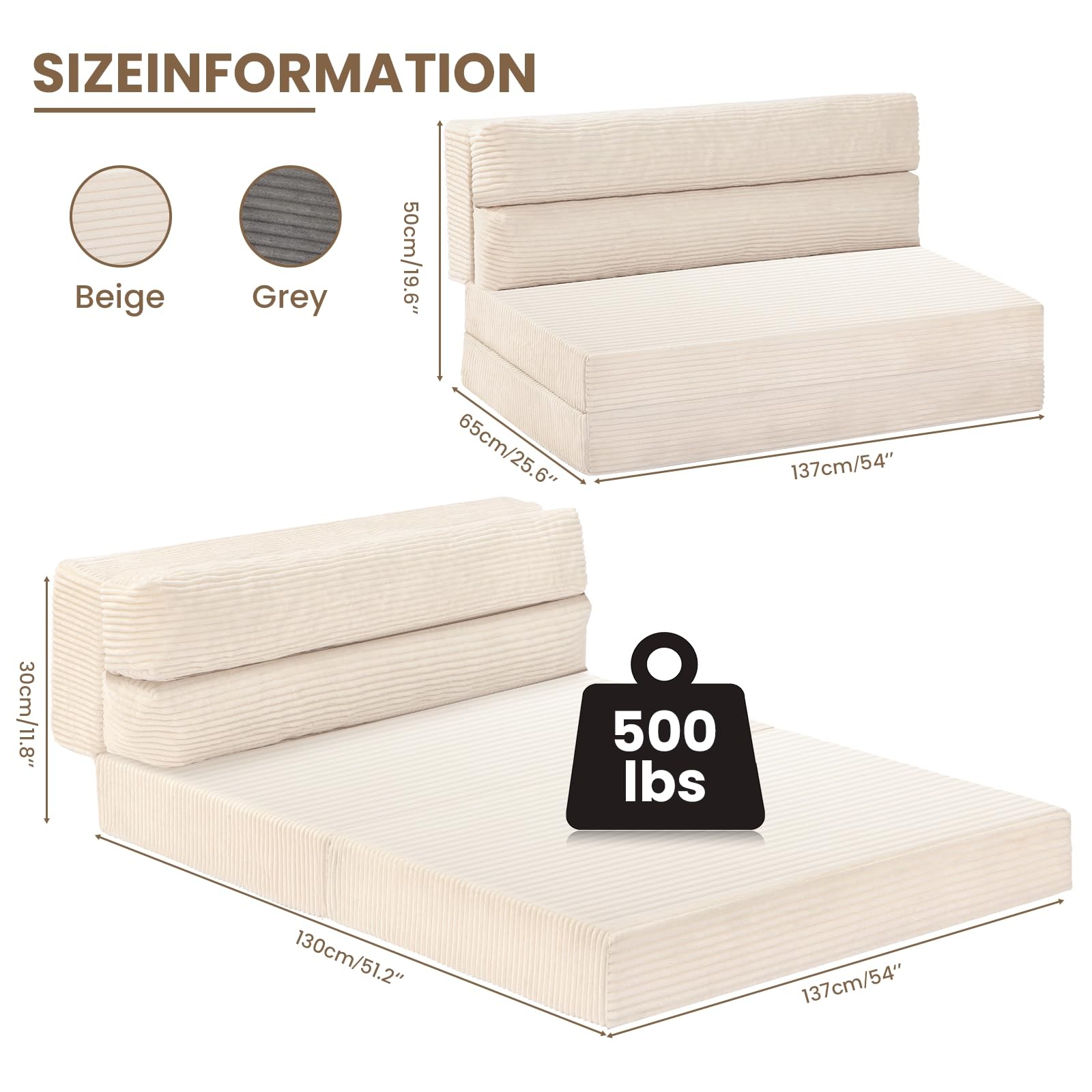JUIKURY Folding Sofa Bed, Convertible Sleeper Chair with Pilow Full, Beige