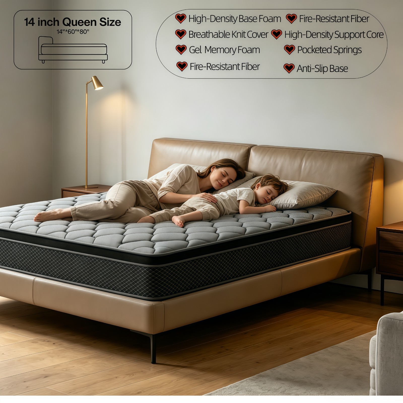 14 inch Gel Memory Foam Mattress Hybrid Pocket Spring Queen Rolled Bed In A Box
