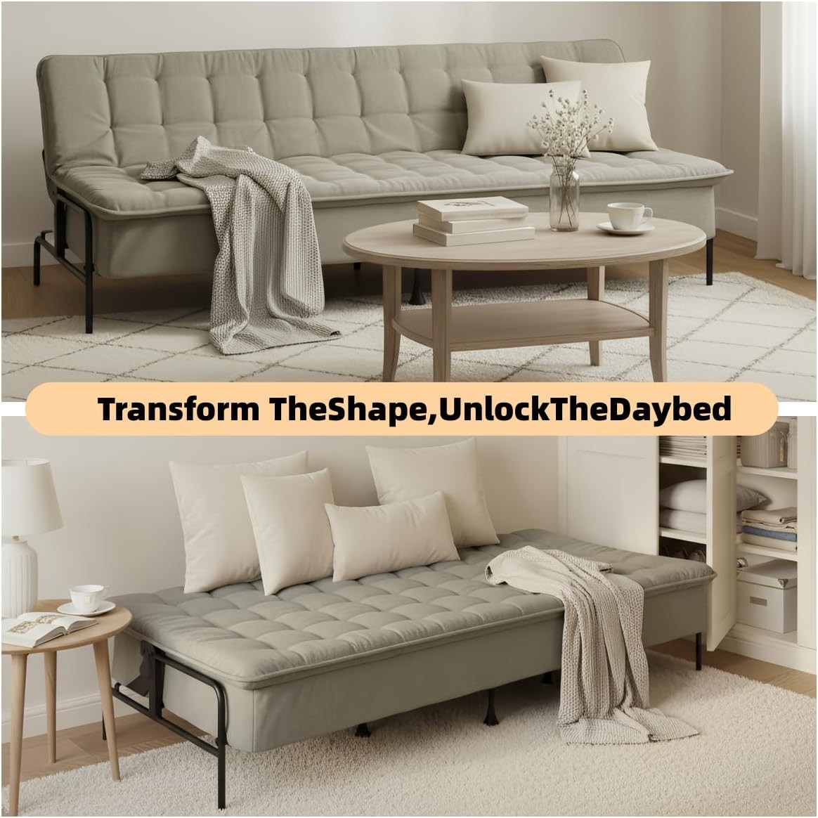 Modern Grey Futon Sofa Bed, 3-Posit Adjustable Barest,
