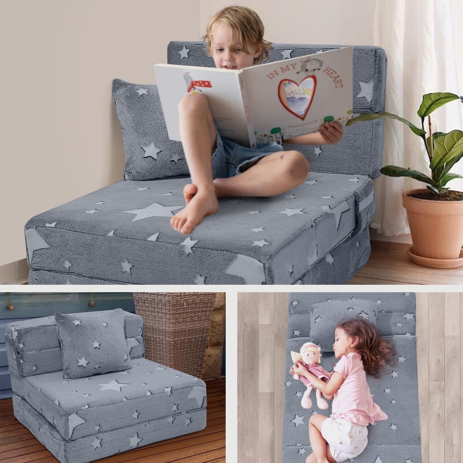 Kids Tri-Fold Sofa Bed – Glow Star Floor Mattress & Foldable Futon Chair Conv…