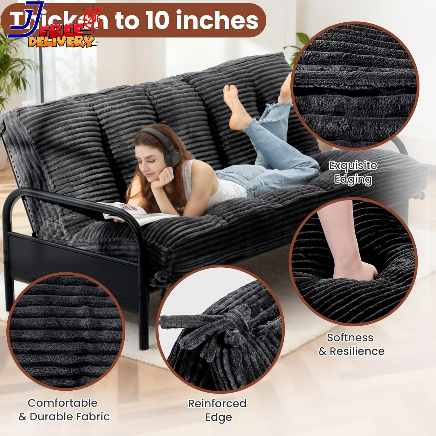 10″ Futon Mattress Queen Size Futons Sofa Couch Bed with Straps Thick Corduroy