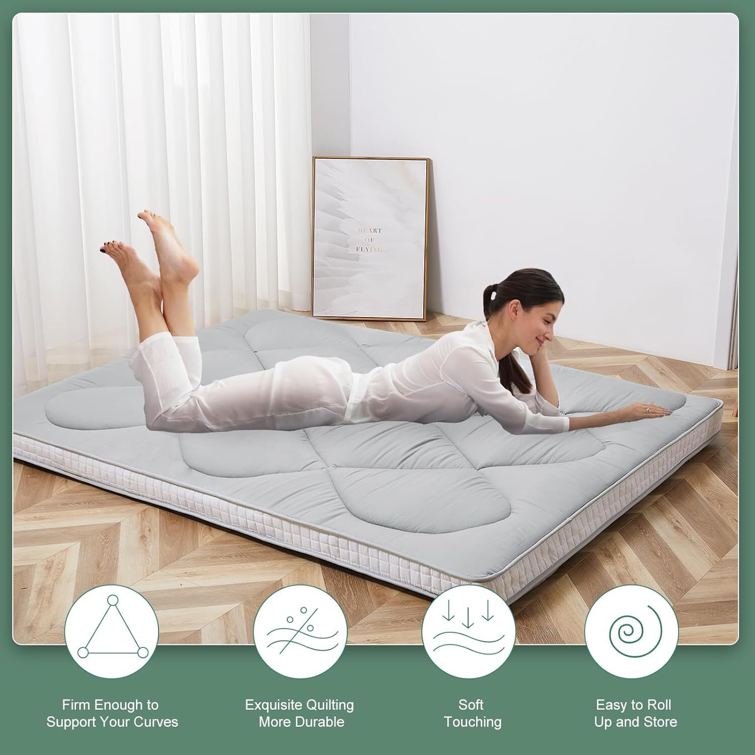 MOPHOTO Japanese Floor Mattress 3.5″ Thick Roll Up Sleeping Tatami Mat Futon Pad
