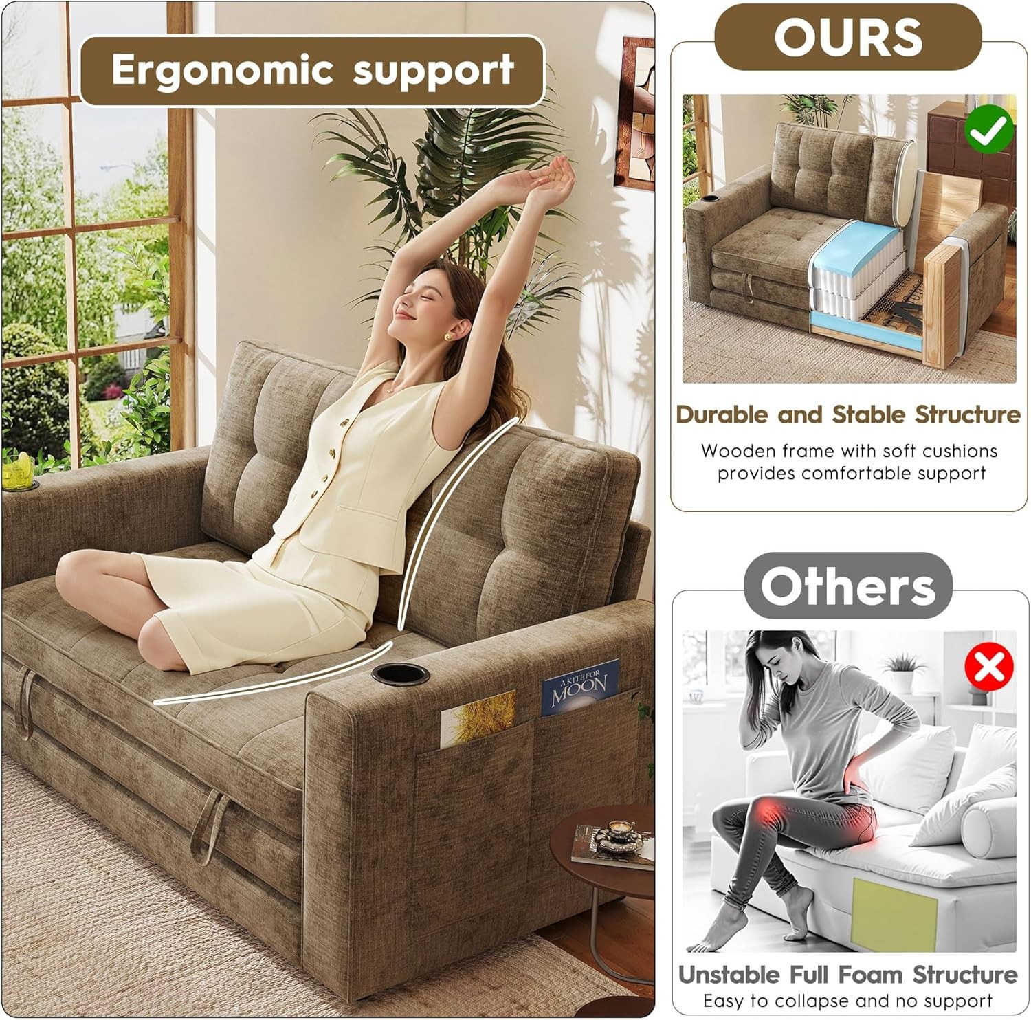 55″ Convertible Folding Sofa Bed, Pull Out Couch Love Seat Sleeper Bed,