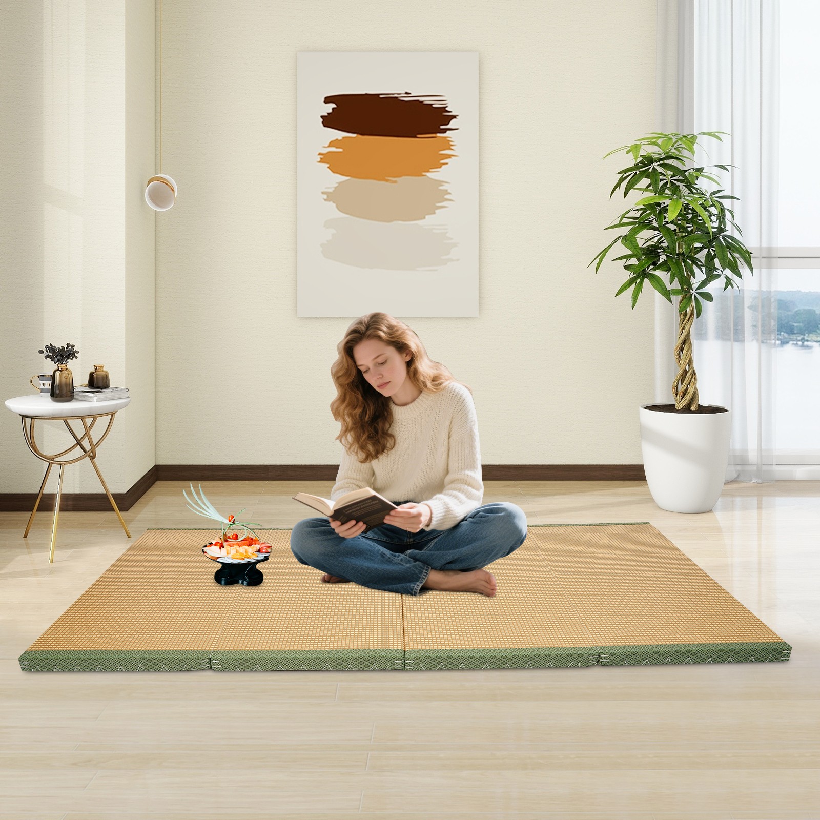 200*100*5cm Tatami Mattress, Foldable Floor Mattress, Meditation Mat Green Brown