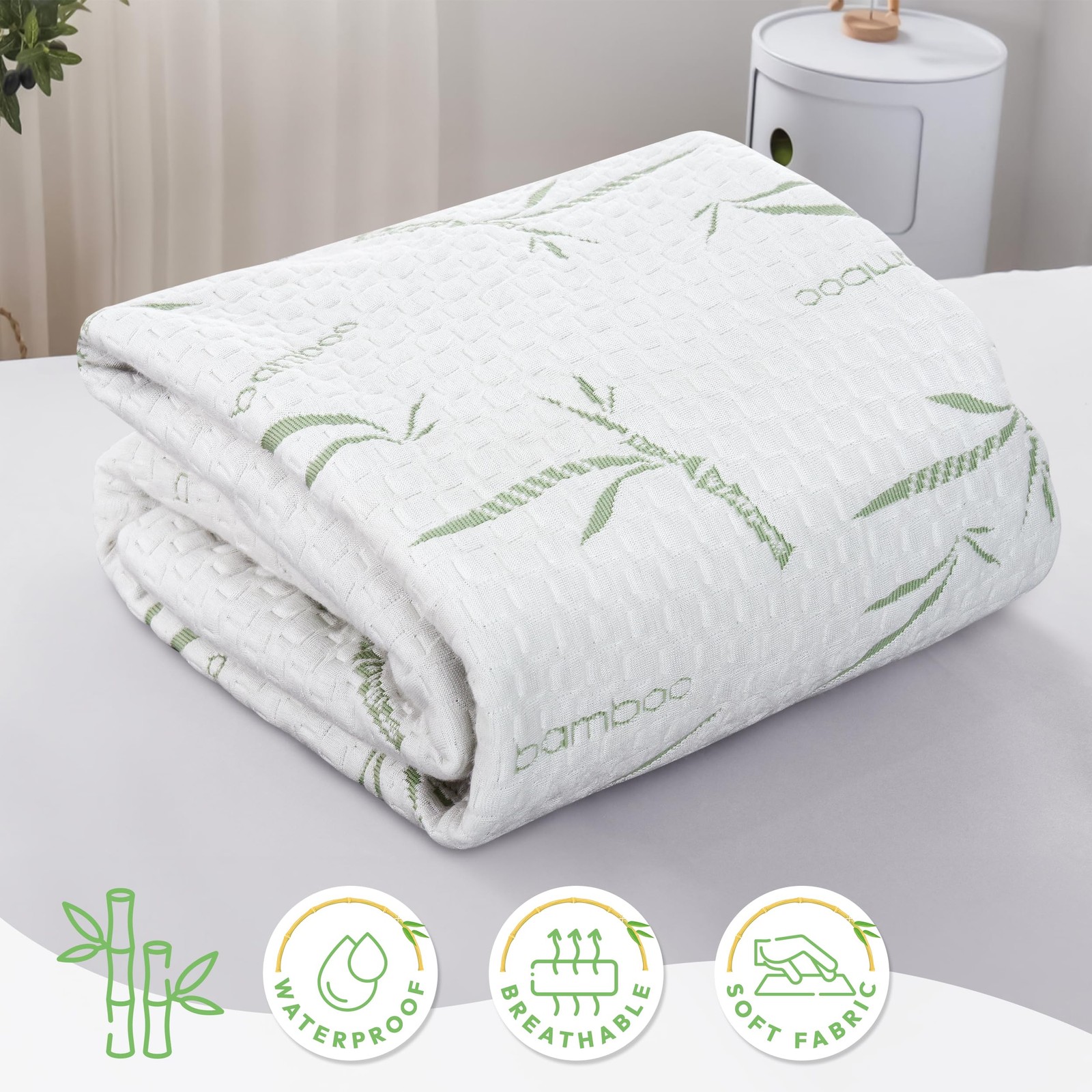 Hannah Linen Twin Mattress Protector, Cooling Rayon dervied from Twin, White