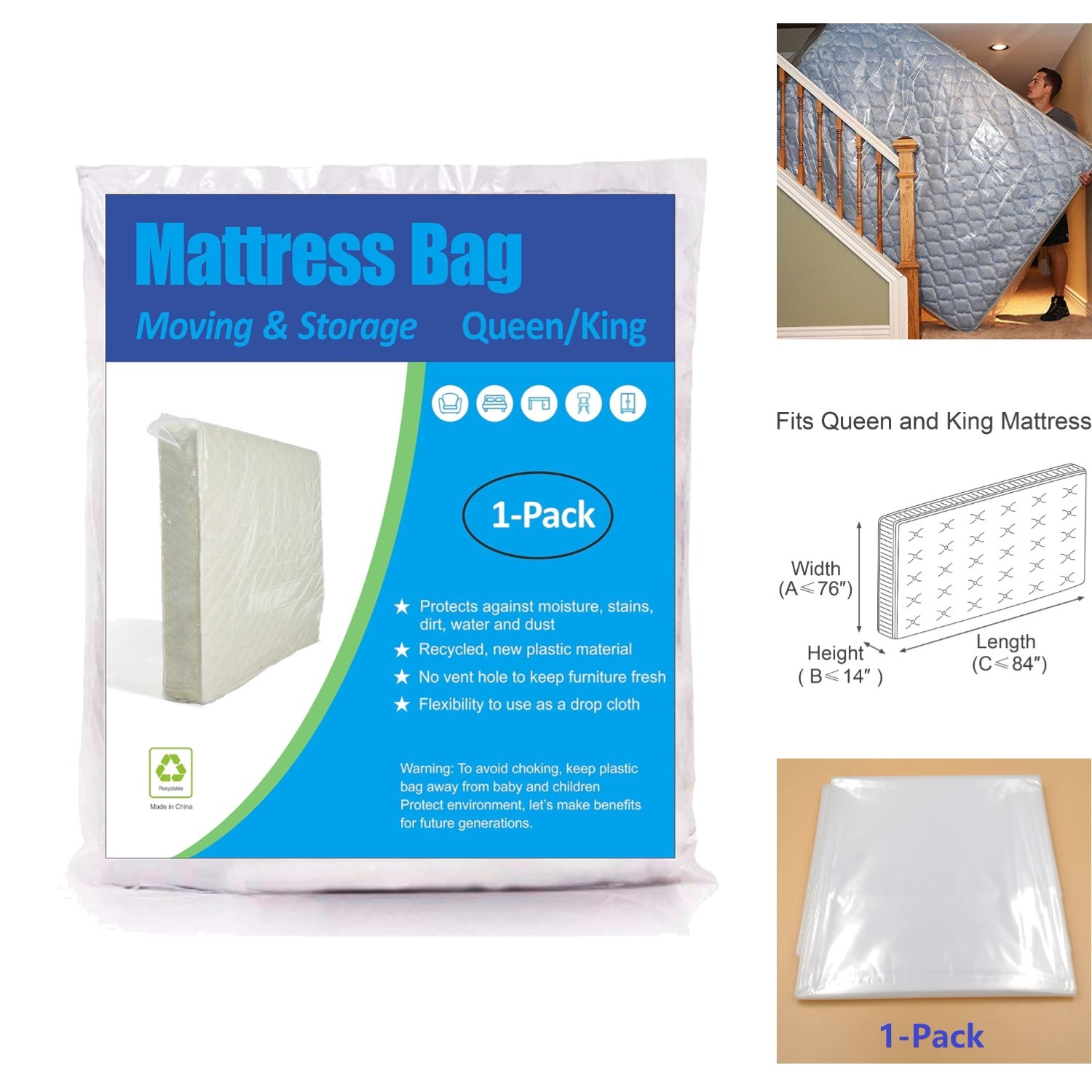 Heavy Duty Mattress Bag for Moving Storage Queen King Size Plastic Cover 1.5 Mil