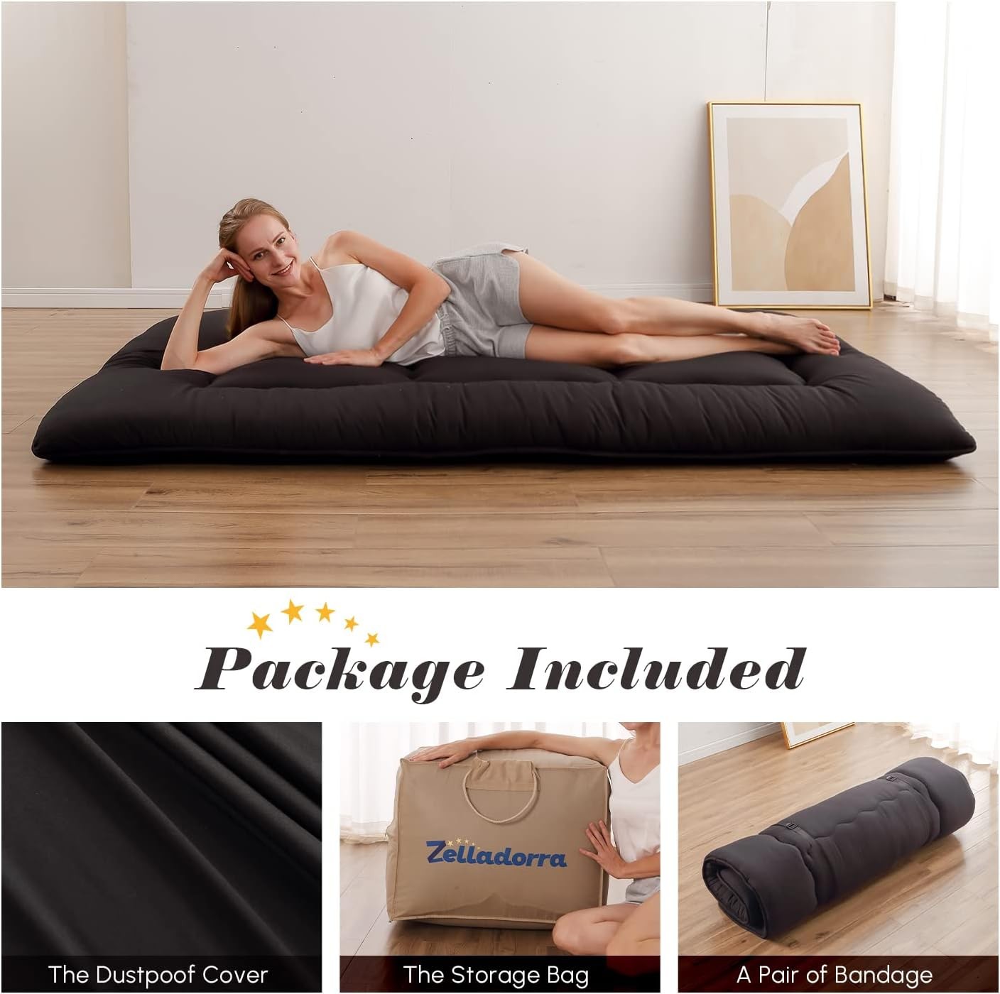 Japanese Floor Mattress, Futon Mattress with Portable Storage Bag and Washable