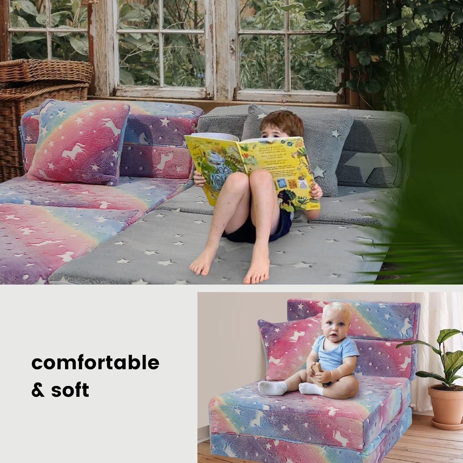 Glow Rainbow Unicorn Tri-fold Sofa Bed for Kids, Foldable Futon Mattress, Cha…