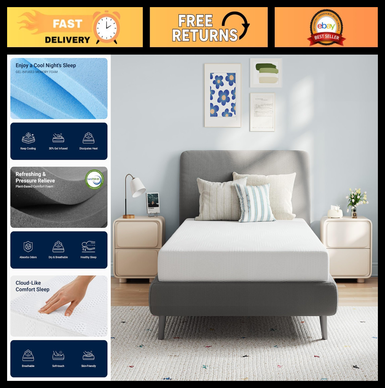 Twin Gel Memory Foam Mattress – 5 Inch Cooling Bed for Kids, Pressure Relief, Ce