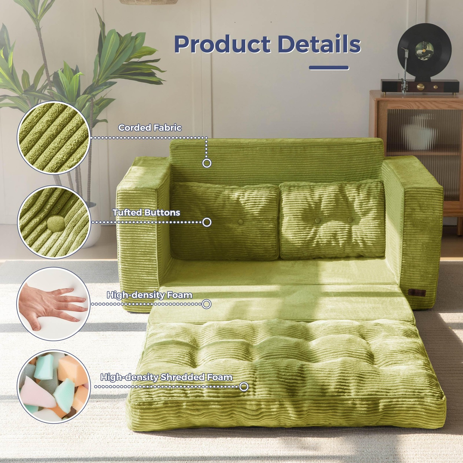 MAXYOYO Convertible Sofa Bed, Pull Out Loveseat Sleeper Sofa, Loveseat, Green